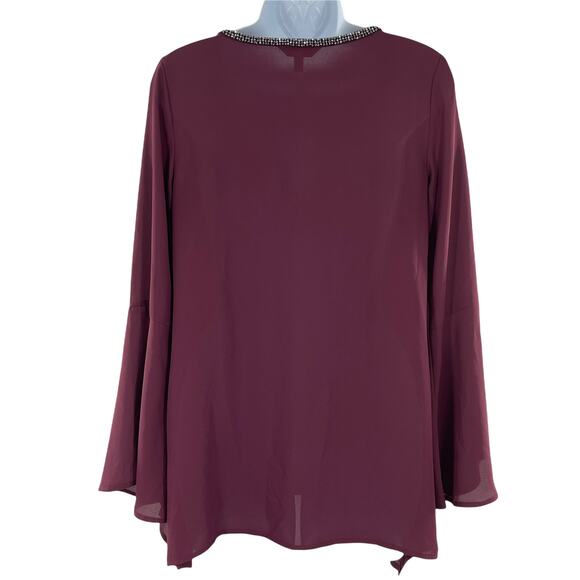 JUICY COUTURE Burgundy Bell Sleeve Rhinestone Trim Keyhole V-Neck Top Blouse XS - Picture 3 of 10